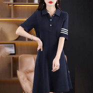 NicoleJolie2025夏季新款帶圖案舒適顯瘦休閑運動(dòng)連衣裙polo領(lǐng)中長(cháng)裙子女裝 三條杠藏藍色 ZW-923 XL