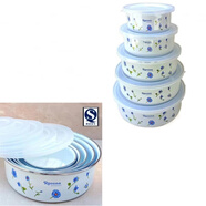 維諾亞平底搪瓷碗帶蓋加厚搪瓷盆家用食品級(jí)保鮮 五件套(藍(lán))