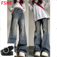 FSHE美式高街微喇褲2025新款春秋季水洗復(fù)古寬松直筒闊腿加絨牛仔褲女 藍(lán)色（單款）+腰帶 2XL