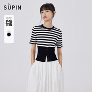 速品SUPIN女裝圓領(lǐng)半開襟短袖針織夏季新款休閑修身拼接條紋針織衫 S05黑白條 S