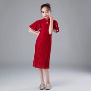 馬櫻紅雨 女童旗袍寶寶走秀兒童唐裝古箏演出服中國風(fēng)修身小女孩公主裙 紅色【親膚舒適】 140 碼/建議身高130厘米左右