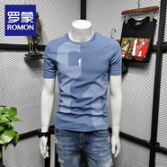 羅蒙（ROMON）短袖T恤男刺繡半袖男裝歐洲站印花字母潮牌潮流修身2025新款體恤 藍(lán)色【ft】 M 【100斤以內(nèi)】