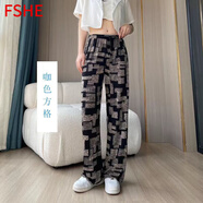 FSHE冰絲褲子女新款潮水墨印花扎染休閑褲女夏秋薄褲子花褲子潮流碎花 咖色方格 M (80-100斤)