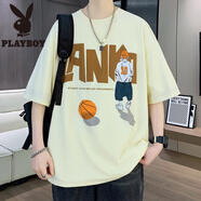 花花公子（PLAYBOY）純棉短袖t恤男夏季新款潮牌寬松印花半袖體恤青少年潮流百搭上衣T T302米黃 M 約100-120斤可穿