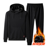 木林森（MULINSEN）運(yùn)動(dòng)套裝男春秋季跑步休閑兩件套衣服男士開衫連帽針織棉質(zhì)衛(wèi)衣潮 套頭黑色-加絨 XL
