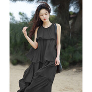 德瑪納重工層次感吊帶無(wú)袖長(cháng)款連衣裙夏度假風(fēng)復古氣質(zhì)肌理感蛋糕裙 