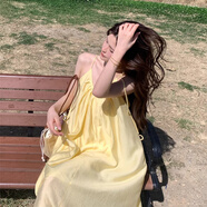 貞喜氣吊帶連衣裙仙女裙顯瘦三亞旅行穿搭孕婦裙衣服夏拍照海邊度假沙灘 黃色 S