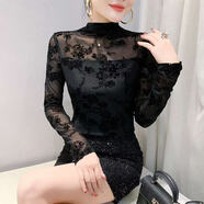 秋冬加絨黑色純欲性感網(wǎng)紗蕾絲打底衫半高領(lǐng)長(cháng)袖顯設計感潮女上衣 黑色 加絨款 袖子不加絨 S 建議【70-90斤】