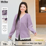 MsShe【14支仿牛絨花紗】大碼女裝2025秋裝拼接蕾絲V領(lǐng)毛衣外套女 風(fēng)信紫色現(xiàn)貨 XL