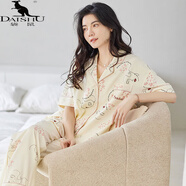 袋鼠（DaiShu）品牌睡衣女夏季純棉短袖長(cháng)褲韓版開(kāi)衫翻領(lǐng)薄款休閑家居服套裝 DGG-N1508 2XL 【建議140-160斤穿】