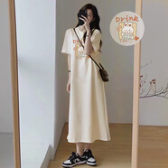 JRET連衣裙女夏天2025新款夏季短袖t恤裙子韓版寬松大碼開(kāi)叉過(guò)膝長(cháng)裙 奶茶色(喝飲料兔子) XL :125-145