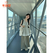 乖甜星文藝復古套裝女2025夏季新款森系格子花邊領(lǐng)無(wú)袖襯衫闊腿褲兩件套 褲子 單件【甜美/田園風(fēng)】 M 【建議100-110斤】