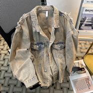 7家優(yōu)品破洞牛仔外套男女生春秋季新款毛邊水洗日系美式復古寬松做舊夾克 GCFS-JK8626黃泥色 XL