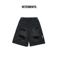 VETEMENTS夏季新款男女情侶同款滿(mǎn)提花工藝抽繩牛仔短褲 64367001 黑灰 S