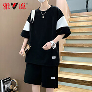 雅鹿短袖T恤男運(yùn)動(dòng)套裝男士夏季休閑透氣速干冰絲寬松T恤短褲兩件套 黑色【高品質(zhì)】 XL 【135-150斤】