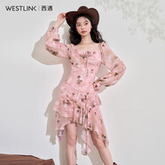 西遇甜美荷葉袖碎花連衣裙女2024秋季方領(lǐng)收腰不規則A擺短裙 粉色 S