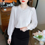 啄木鳥法式時(shí)尚羊毛針織打底衫女2025春秋款蕾絲拼接洋氣百搭毛衣上衣 白色【木耳邊釘珠T896】 XL