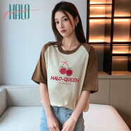 Halo Queen短袖T恤女插肩袖拼接T恤甜酷櫻桃印花內搭打底衫H141T1189