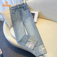 派吉鯊新中式直筒牛仔褲女春季款2025今年流行九分褲國風(fēng)刺繡煙管褲 藍(lán)色 L 【建議 105-115斤】