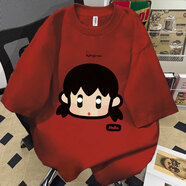 文頗100%純棉短袖t恤男女夏季爆款卡通女孩設(shè)計(jì)感印花高級(jí)情侶上衣潮 190克-磚紅 2XL 建議140-160斤