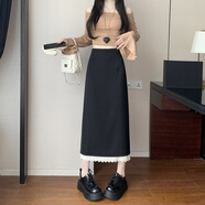 源夫人蕾絲花邊拼接黑色西裝半身裙女春設(shè)計(jì)感開叉中長款a字包臀直筒裙 黑色 S