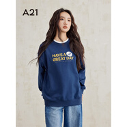 A21女裝圓領套頭衛(wèi)衣秋冬新款韓版寬松字母繡花百搭長袖上衣 深灰藍 L