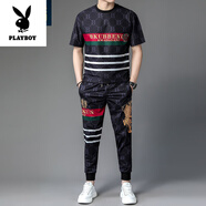 花花公子（PLAYBOY）高檔短袖套裝男士夏季圓領(lǐng)短袖T恤套裝中青年薄款冰絲輕奢搭配帥 9826上青套裝 M 165