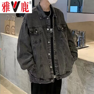 雅鹿牛仔外套男春秋季夾克男士潮流寬松休閑上衣春秋款工裝外衣男裝 灰色 3XL （建議155-165斤）