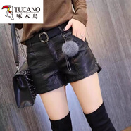 啄木鳥(niǎo)皮褲女新款短款秋冬季韓版百搭外穿pu皮夾棉a字闊腿皮短褲女 005加絨皮短褲【腰帶吊墜】 S 80-90斤