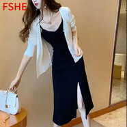 FSHE夏季新款套裝女2025時(shí)尚顯瘦休閑開(kāi)叉吊帶連衣裙防曬開(kāi)衫兩件套女 黑色【套裝】吊帶裙+開(kāi)衫防曬衣 M 91-105斤