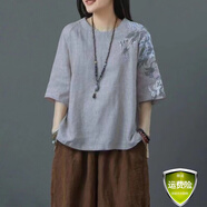 夏典素訂女王素訂棉麻復(fù)古上衣女2025刺繡文藝短款夏季女裝中國(guó)風(fēng)民族風(fēng)t恤 灰色 XL 建議115-130斤