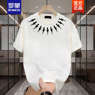 羅蒙（ROMON）黑白閃電重磅純棉t恤男高街潮牌嘻哈寬松圓領(lǐng)體恤短袖上衣ins潮流 白色【前衣領(lǐng)圖K1086 閃電】 S 建議90-100斤
