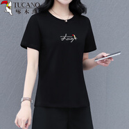 啄木鳥(niǎo)純棉短袖t恤女2025夏季款正肩中年減齡女裝休閑半袖上衣 黑色 M