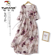 啄木鳥(niǎo)（TUCANO）夏季薄款苧麻印花短袖連衣裙女收腰抽繩寬松顯瘦洋氣減齡亞麻裙子 圖片色 2XL【145-160斤】