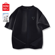 名創(chuàng)優(yōu)品（MINISO）純棉白色短袖男新款潮牌男生半袖t恤青少年百搭正肩圓領(lǐng)上衣體恤 黑色(m三角徽章胸標(biāo)) S /165(品控嚴(yán)格)