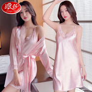 浪莎（LangSha）高檔冰絲綢薄款性感睡衣女情趣誘惑蕾絲吊帶睡裙睡袍兩件套裝夏秋 2052蕾絲兩件套粉色 L