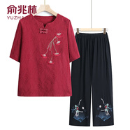 俞兆林中老年媽媽夏裝兩件套60歲好棉麻繡花短袖T恤七分褲套裝奶奶寬松 2323紅色[套裝] XL 建議80-100斤