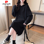 皮爾卡丹（pierre cardin）中長(cháng)款過(guò)膝長(cháng)袖連衣裙女秋季2025新款寬松慵懶風(fēng)開(kāi)叉連帽衛衣裙子 900-黑色(薄款) S (建議70-90斤)