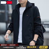 湯米希凱利美國(guó)湯米品牌春秋男士休閑夾克2025新款連帽可脫男外套短款 黑色 XL (建議121-135斤)