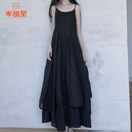 乖甜星春夏新款森系文藝復(fù)古超長不規(guī)則大擺吊帶連衣裙寬松純色氣質(zhì)長裙 黑色 L 110-125