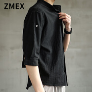 ZMEX涼感襯衫男中袖純色寬松男裝春夏秋中國風休閑外套七分長袖襯衣男 黑色 （七-分襯衫） 2XL