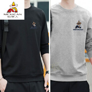 稻草人（MEXICAN）-刺繡棉衛衣男春秋套頭2025春秋冬款加絨圓領(lǐng)長(cháng)袖純棉T體恤打底衫 黑色+淺灰/不加絨 2XL 建議145-155斤