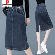皮爾卡丹（pierre cardin）牛仔半身裙女士春秋季新款高腰懷舊復(fù)古中長款開叉一步裙子 862#藍(lán)灰色 L