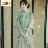 初徑新中式春夏禪意茶服女旗袍兩件套改良文藝中國風 綠色套裝 S