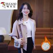 啄木鳥(niǎo)加絨加厚格子外套女顯瘦上衣蝙蝠袖襯衫 卡其色加絨1055# 加厚 2XL 建議125-140斤