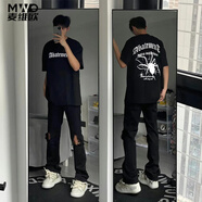 MAIWEIOU美式復古蜘蛛俠短袖t恤男女夏季寬松潮流五分半袖ins高街重磅衣服 黑色 3XL 【建議160-180斤】