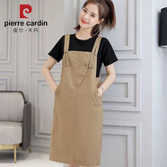 皮爾卡丹（pierre cardin）減齡洋氣牛仔背帶裙套裝女韓版2026休閑寬松時(shí)尚修身遮肉兩件套裙 黑+卡其背帶裙 XL 128斤左右