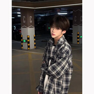 魯雅爾 美式藏青色格子襯衫男春夏季ins復古襯衣寬松hiphop百搭長(cháng)袖外套 藏青色 XL 【建議120-140斤】