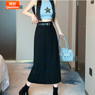 婍妡后開叉灰色西裝半身裙女春夏季中長(zhǎng)款顯瘦高腰A字遮胯一步裙 黑色[配腰帶]淑女風(fēng) M [100-110斤]