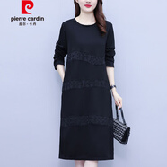 皮爾卡丹（pierre cardin）端莊大氣黑色連衣裙女2025春季打底中長(zhǎng)裙加肥加大號(hào)長(zhǎng)袖T恤裙子 黑色 L (建議95-110斤)